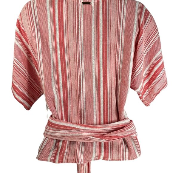 BILLABONG Local Shores Wrap Top Sz M Red White Striped Waist Tie Cotton Rayon - Picture 7 of 14